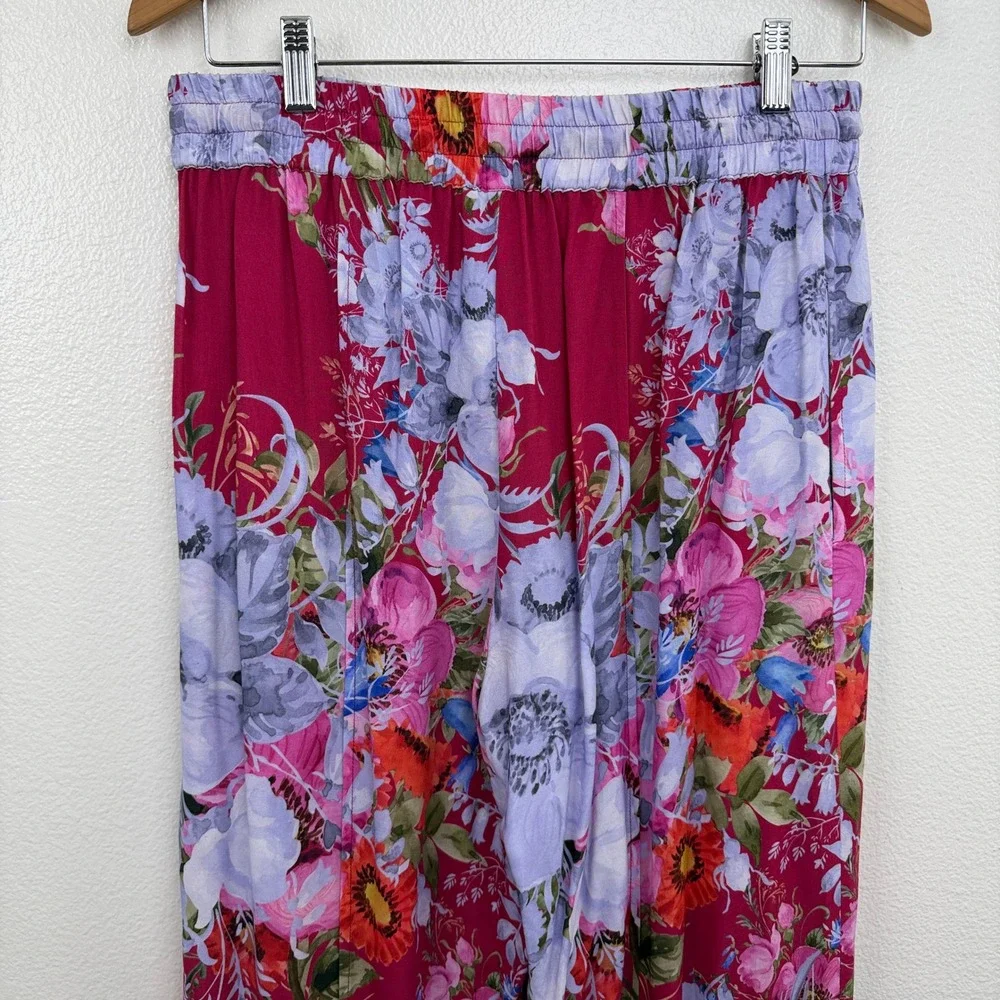 Aratta Silent Journey Pants Womens Small Red Floral Wide Leg Elastic Waist Boho